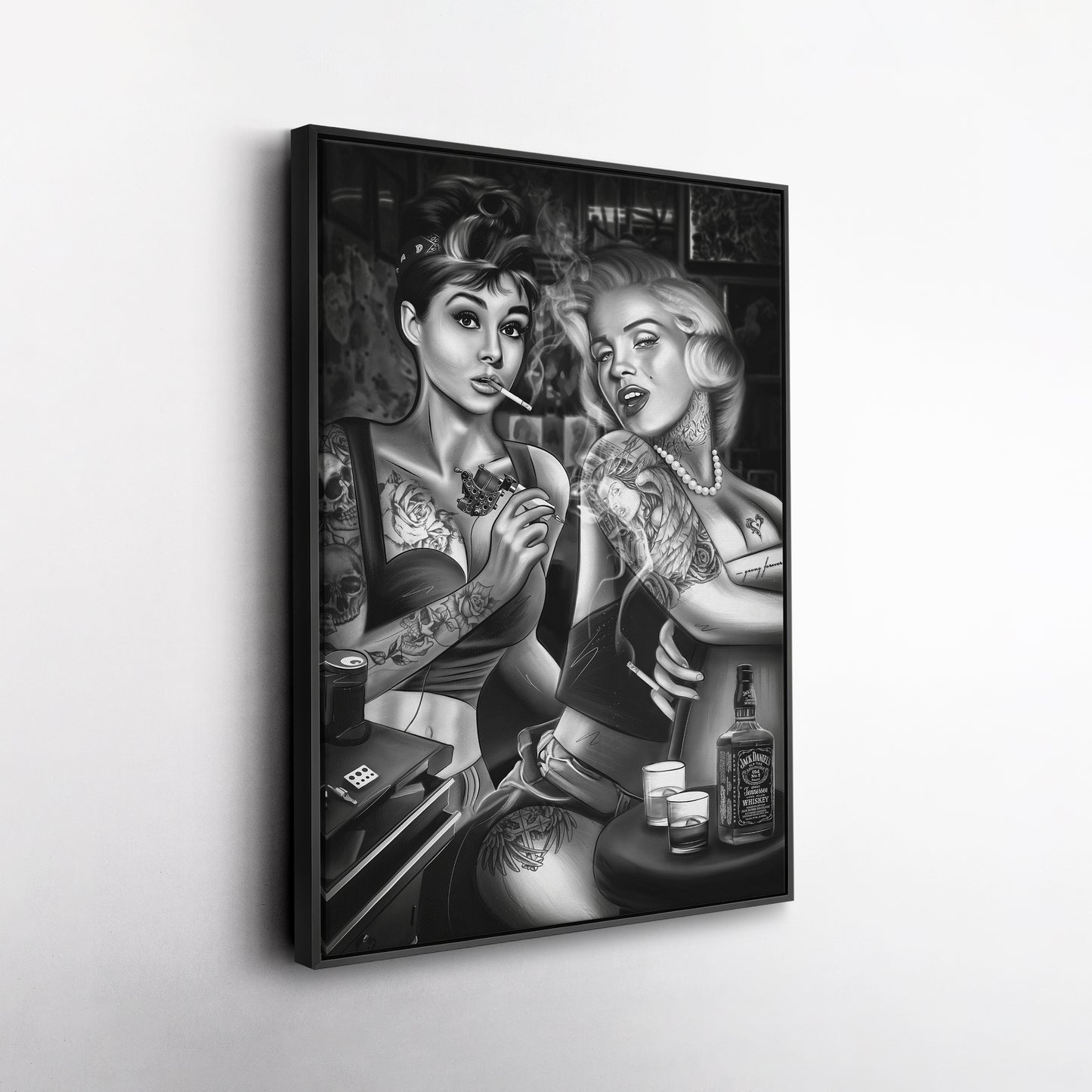 Marilyn Monroe & Audrey Hepburn Tattoo Shop Canvas Print | Vintage Icon Wall Art