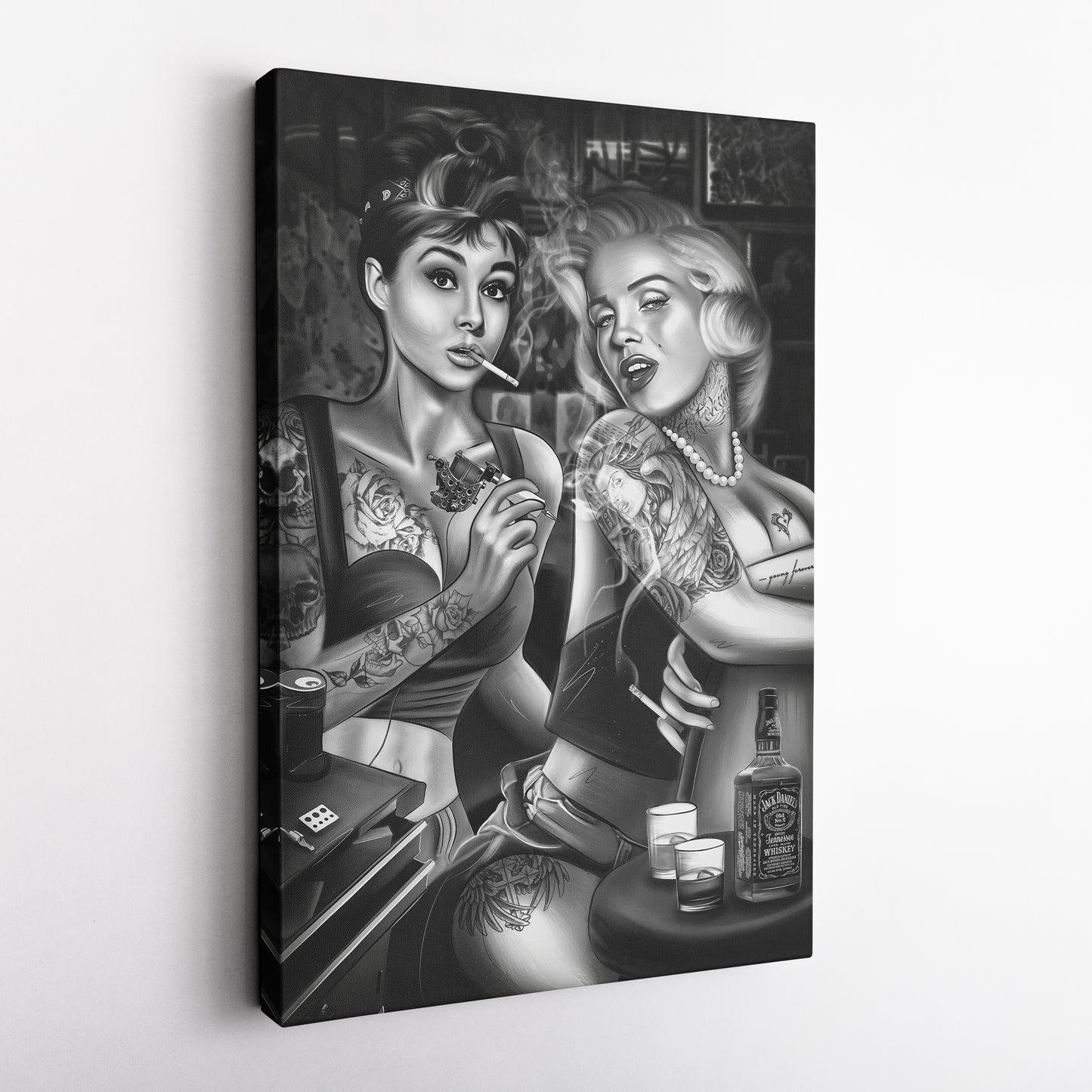 Marilyn Monroe & Audrey Hepburn Tattoo Shop Canvas Print | Vintage Icon Wall Art