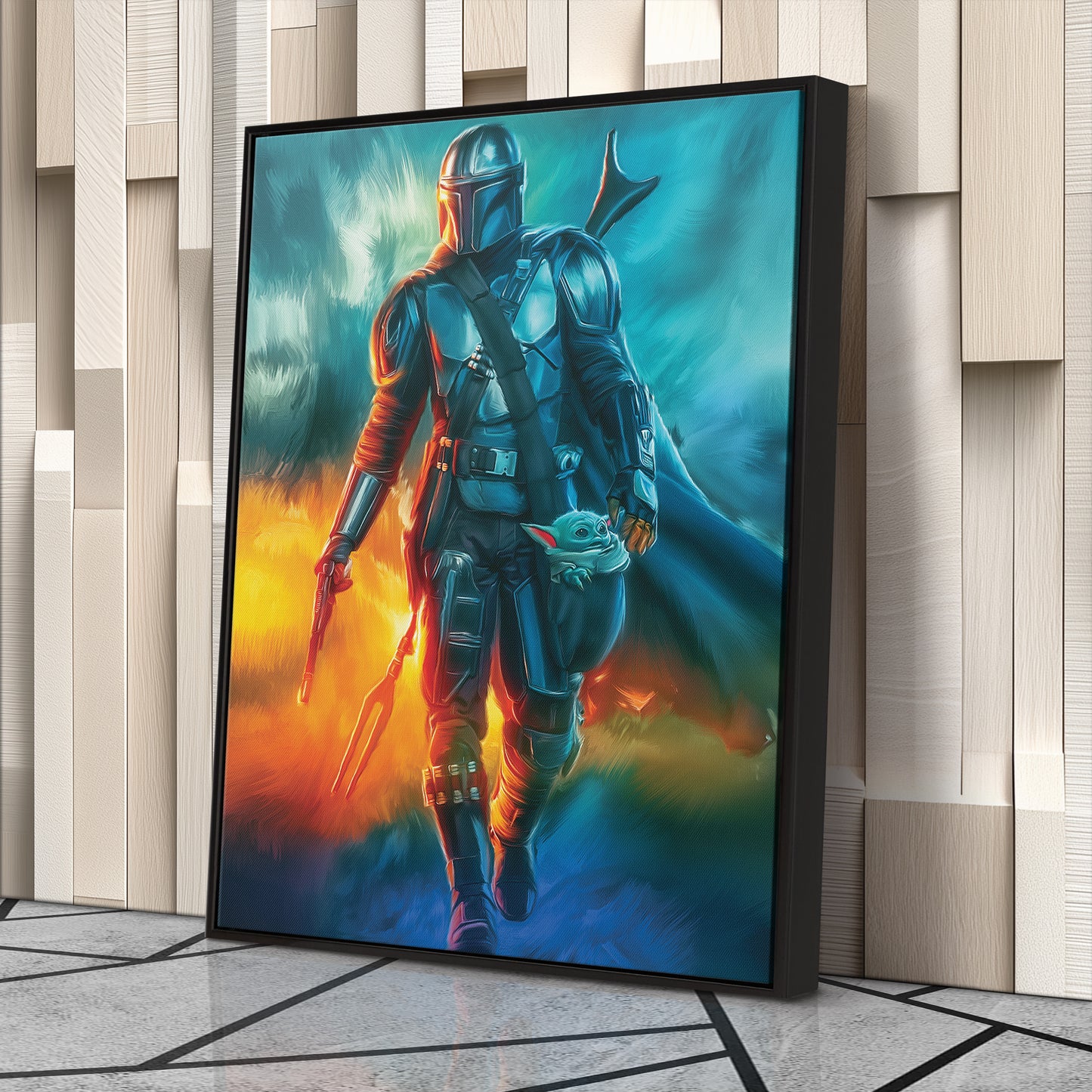 Grogu & The Mandalorian Canvas Print | Star Wars Bounty Hunter & The Child Wall Art