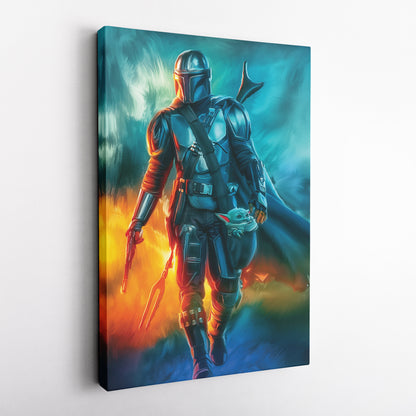 Grogu & The Mandalorian Canvas Print | Star Wars Bounty Hunter & The Child Wall Art