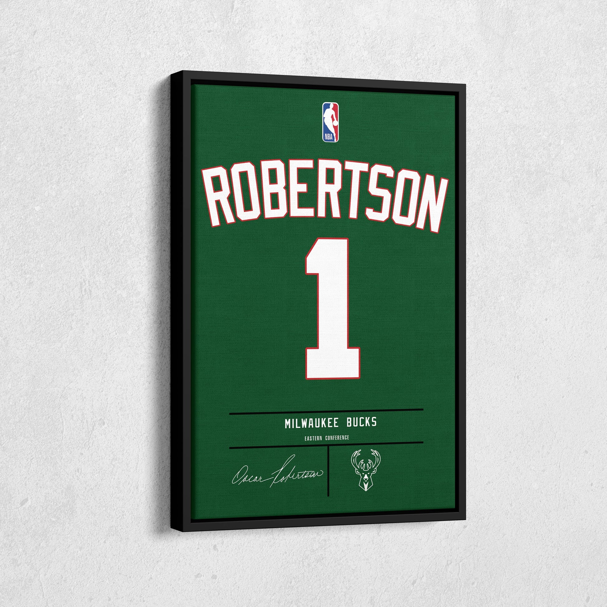 Elevate your space with this Oscar Robertson Jersey Canvas Print, designed to bring the energy of Milwaukee Bucks basketball into your home. Perfect for die-hard Bucks fans, this vibrant wall art captures the essence of Oscar Robertson's legendary career. Whether you’re enhancing your fan cave, office, or living room, this made-to-order canvas print adds a bold and stylish touch to any setting.

Featuring Oscar Robertson’s iconic Bucks jersey number and team logo, this premium canvas is available in various