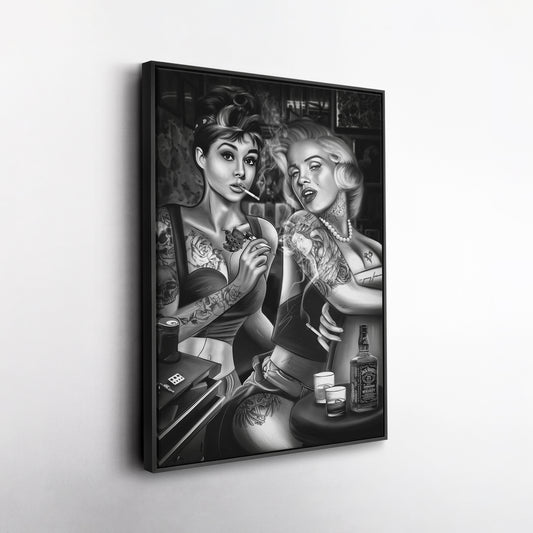 Marilyn Monroe & Audrey Hepburn Tattoo Shop Canvas Print | Vintage Icon Wall Art