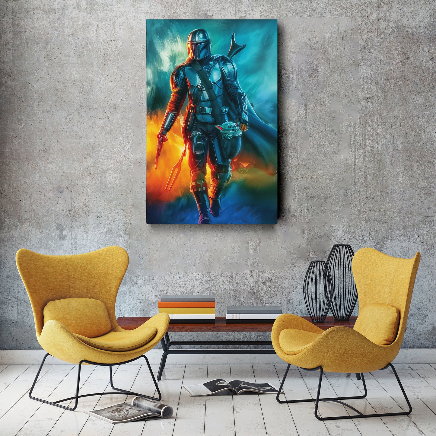 Grogu & The Mandalorian Canvas Print | Star Wars Bounty Hunter & The Child Wall Art