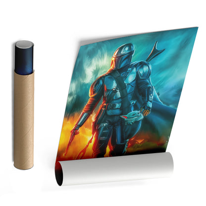 Grogu & The Mandalorian Canvas Print | Star Wars Bounty Hunter & The Child Wall Art